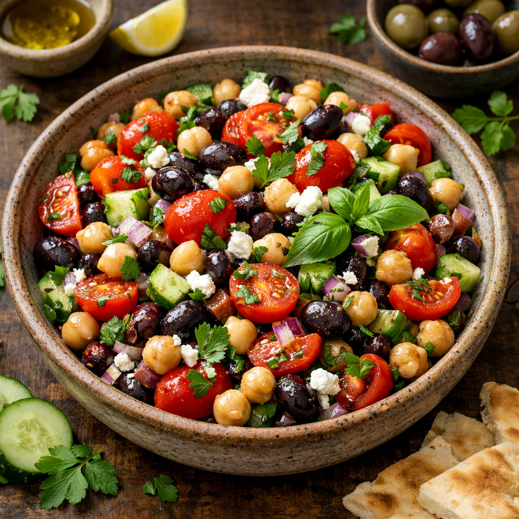 A vibrant Mediterranean chickpea and black bean salad featuring colorful vegetables, olives, and feta in a rustic bowl.