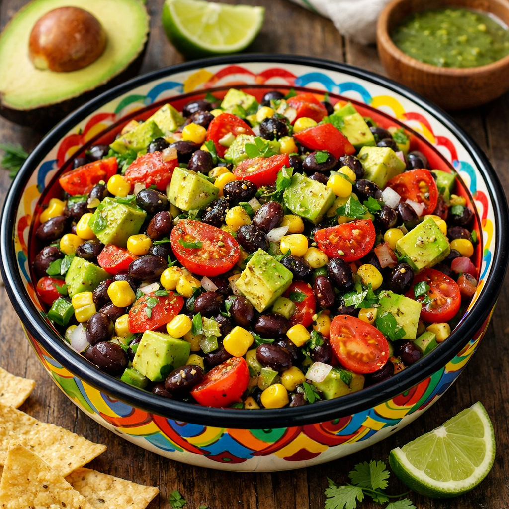 A colorful bowl of Southwestern Black Bean and Corn Salad, featuring black beans, corn, diced avocado, cherry tomatoes, and cilantro with lime wedges and tortilla chips.