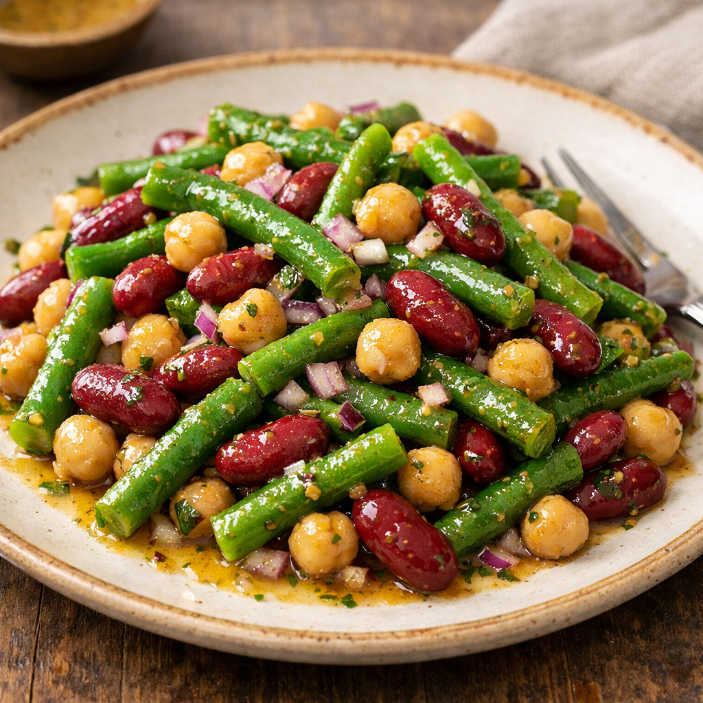 A vibrant three-bean salad with green beans, kidney beans, and chickpeas drizzled with honey mustard dressing.