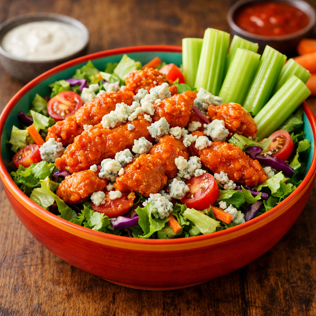 A vibrant bowl of buffalo chicken salad with crispy chicken, blue cheese, and fresh vegetables.