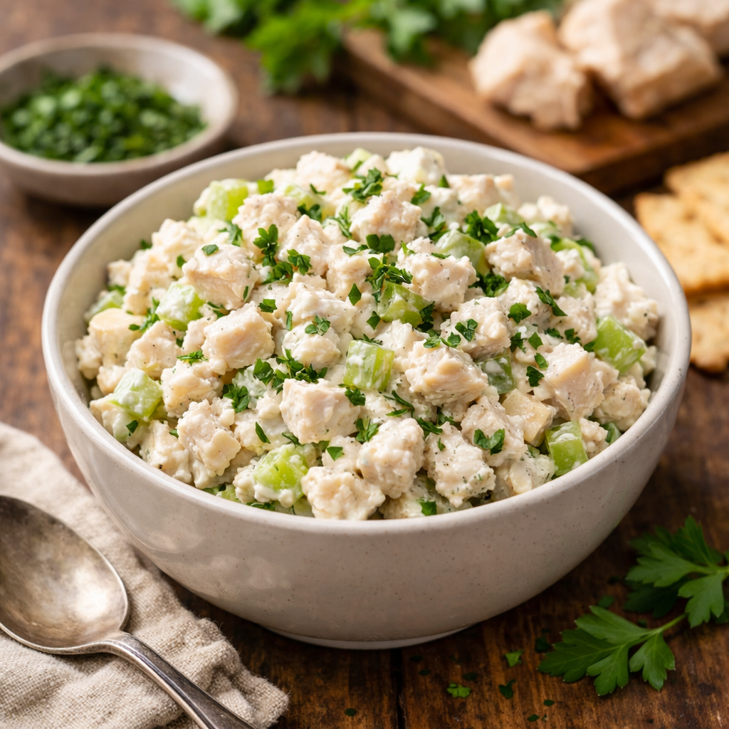 A bowl of classic chicken salad with celery and herbs, served with crackers.