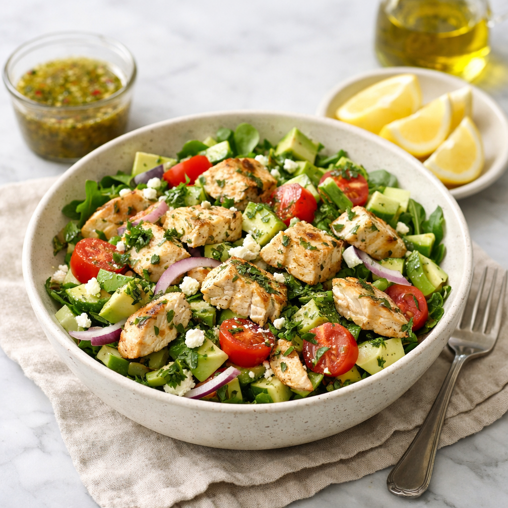 A delicious Lemon Herb Chicken Salad with grilled chicken, veggies, and feta cheese