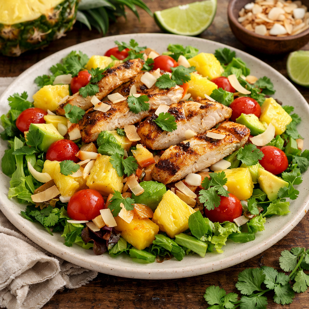 A vibrant tropical chicken salad featuring grilled chicken, fresh pineapple, and cherry tomatoes on a bed of greens.