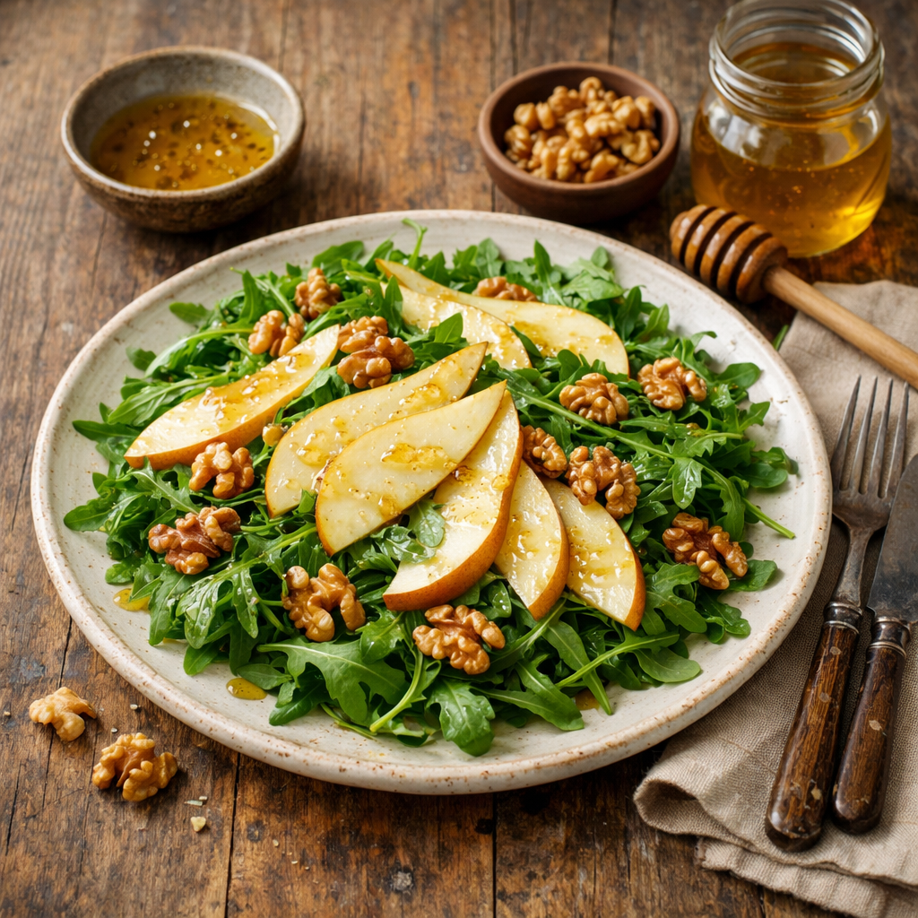 A beautifully plated arugula salad with sliced pears and walnuts, drizzled with honey vinaigrette.