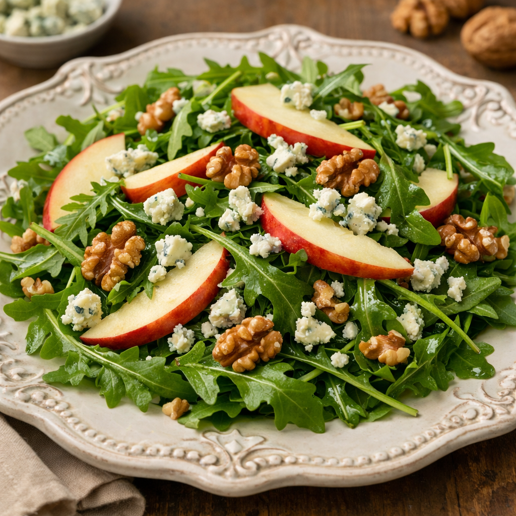 A beautiful arugula salad with sliced apples, walnuts, and blue cheese on a decorative plate.