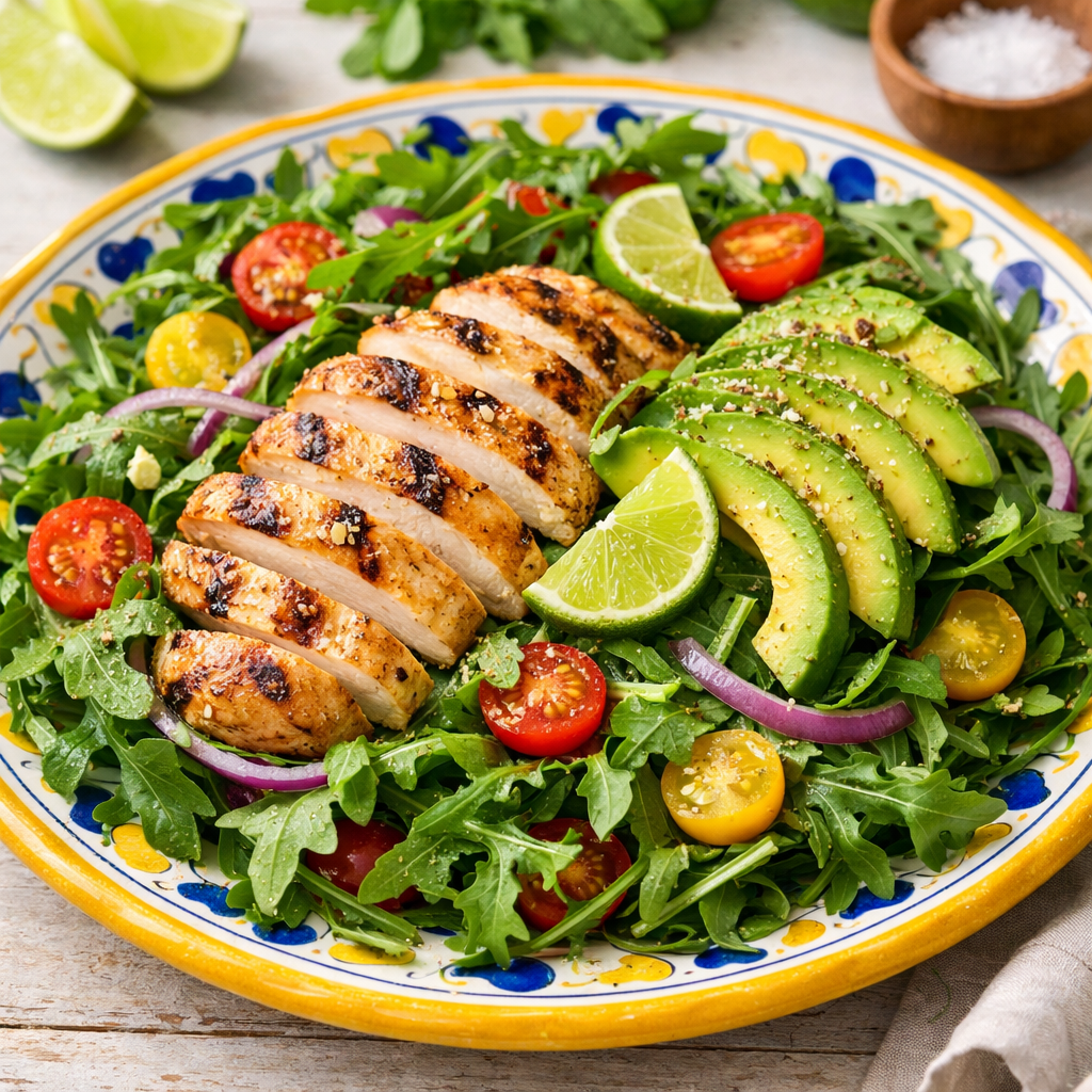 A colorful arugula salad topped with grilled chicken, sliced avocado, cherry tomatoes, and lime wedges on a decorative plate.