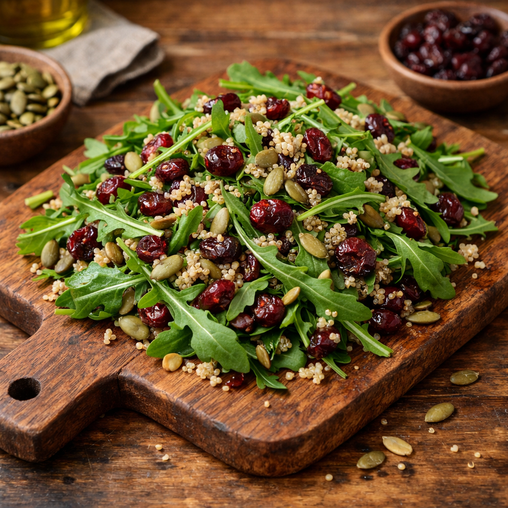 Arugula salad with quinoa and cranberries on a wooden serving board