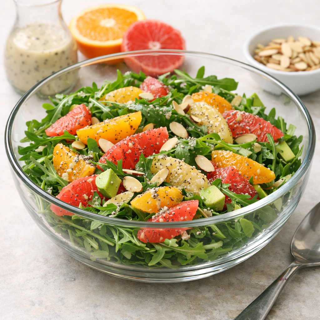 A vibrant bowl of citrus and arugula salad topped with almonds and poppy seed dressing.