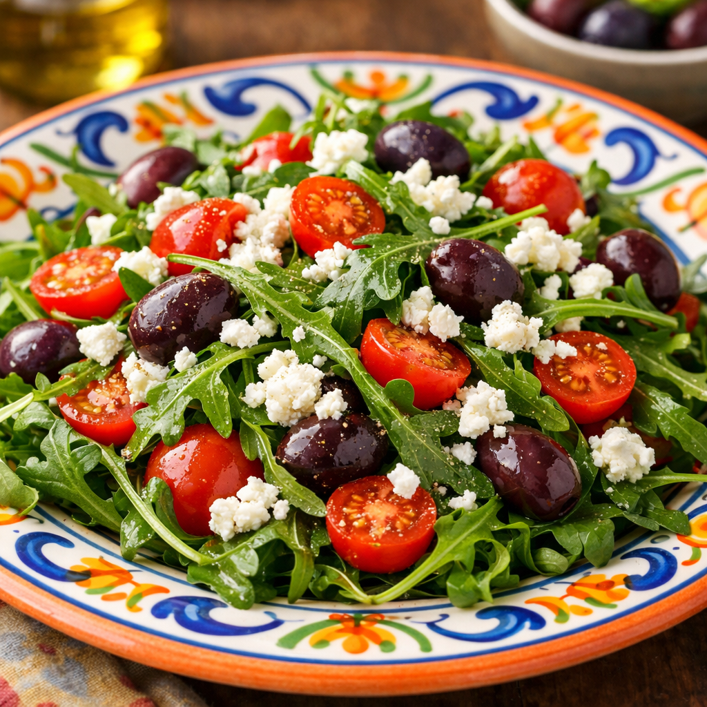 A colorful Mediterranean arugula salad topped with cherry tomatoes, olives, and feta cheese on a decorated plate.