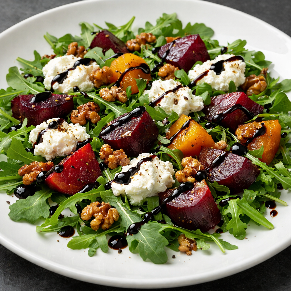 A vibrant platter of roasted beet and arugula salad topped with goat cheese, walnuts, and drizzled with balsamic glaze.