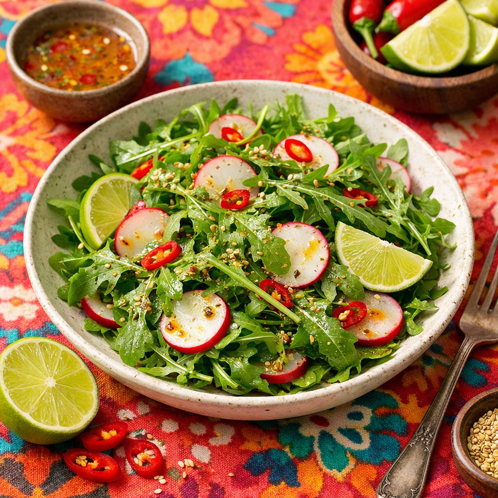 A vibrant spicy arugula salad featuring radishes and chili lime dressing, served with lime wedges and red chilies.
