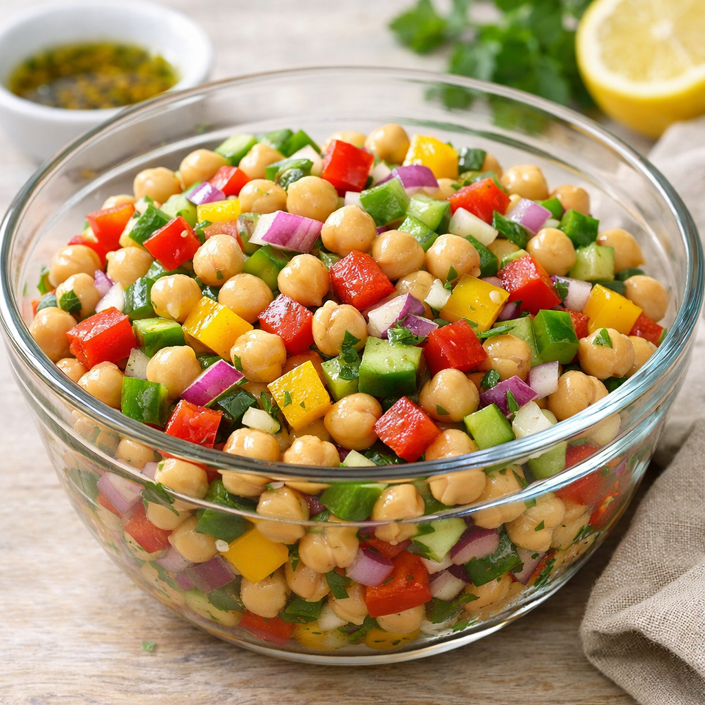 Chickpea salad with colorful bell peppers and onions in a glass bowl.