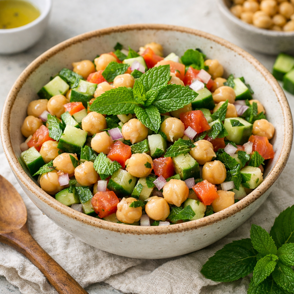 A bowl of chickpea salad with cucumber, tomatoes, and mint, garnished with fresh mint leaves.