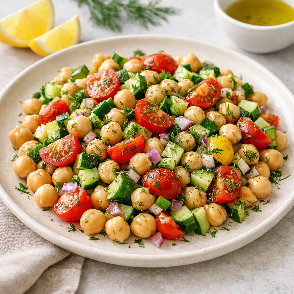 Chickpea salad with tomatoes, cucumbers, and dill on a plate