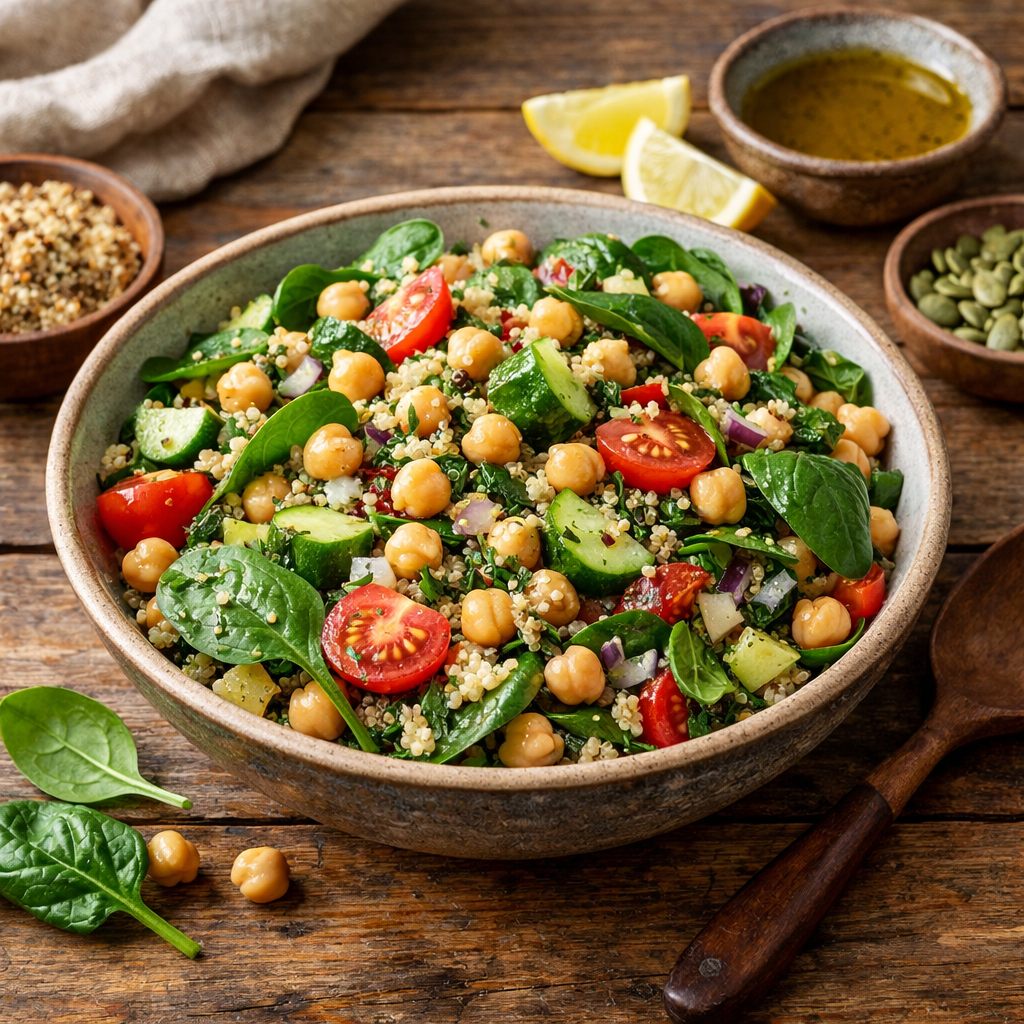A colorful chickpea salad with quinoa, spinach, cherry tomatoes, cucumber, and a drizzle of olive oil.