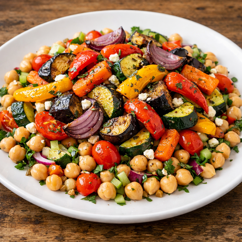 A colorful chickpea salad with roasted vegetables featuring bell peppers, zucchini, and cherry tomatoes.