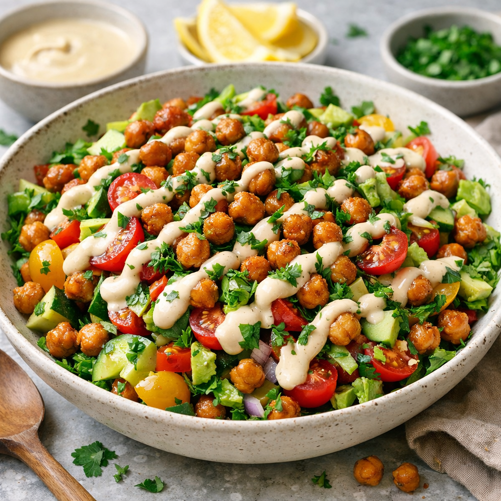 A bowl of crispy chickpea salad topped with tahini dressing, fresh vegetables, and herbs.