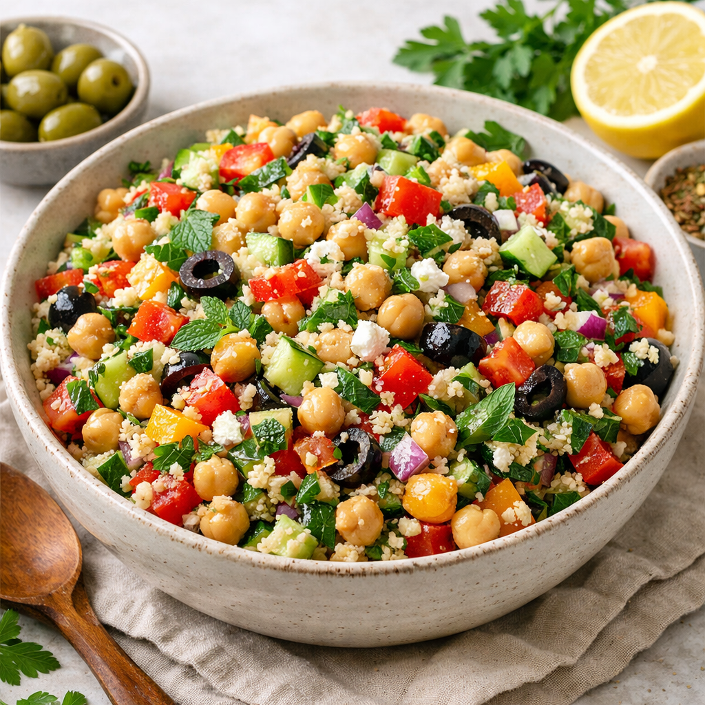 A colorful bowl of Mediterranean Chickpea and Couscous Salad with fresh vegetables and herbs
