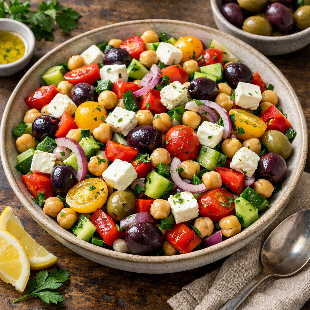 A colorful Mediterranean Chickpea Salad featuring chickpeas, vegetables, feta cheese, and olives.