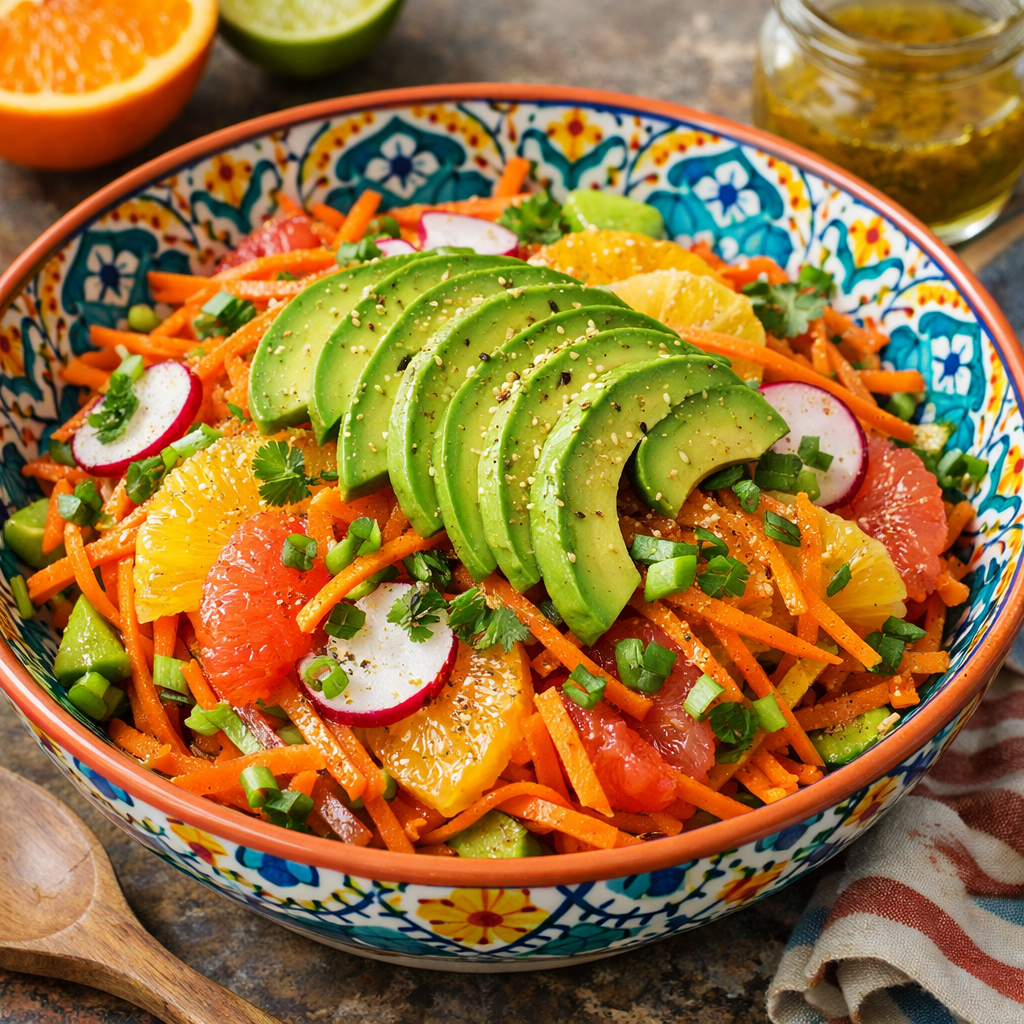 A colorful bowl of citrus carrot salad topped with avocado slices