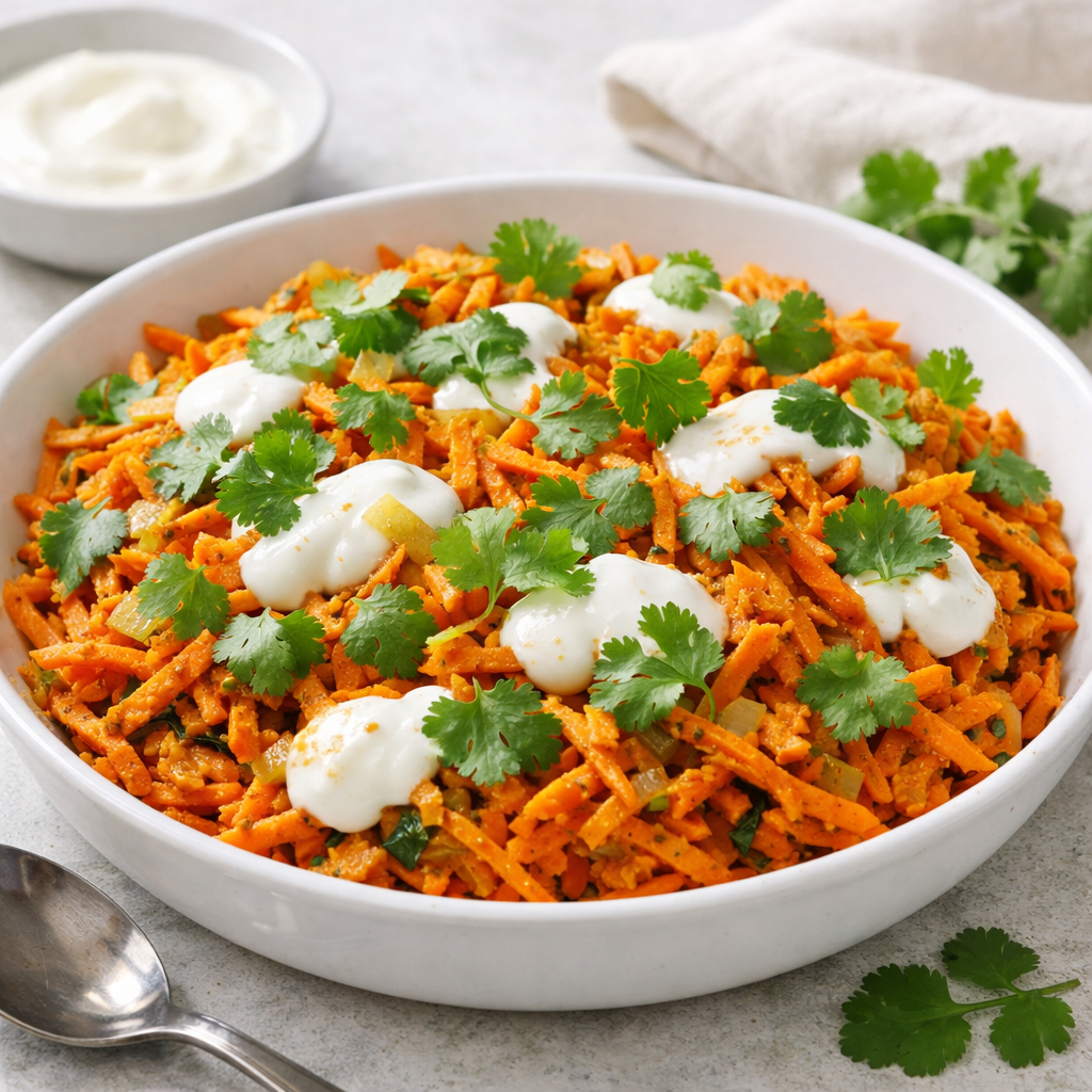 A vibrant bowl of curried carrot salad topped with yogurt and fresh cilantro.