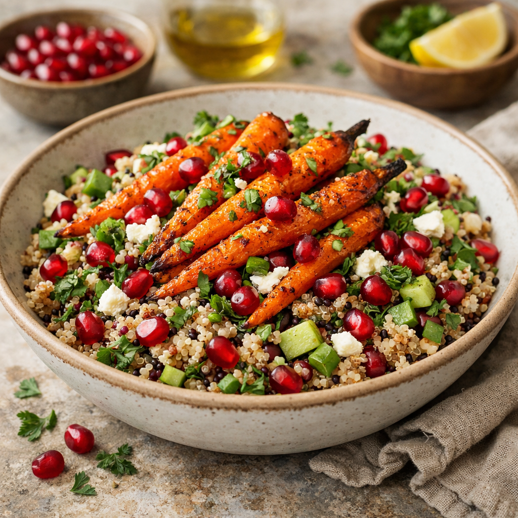 A colorful bowl of roasted carrot and quinoa salad topped with pomegranate seeds and fresh herbs.