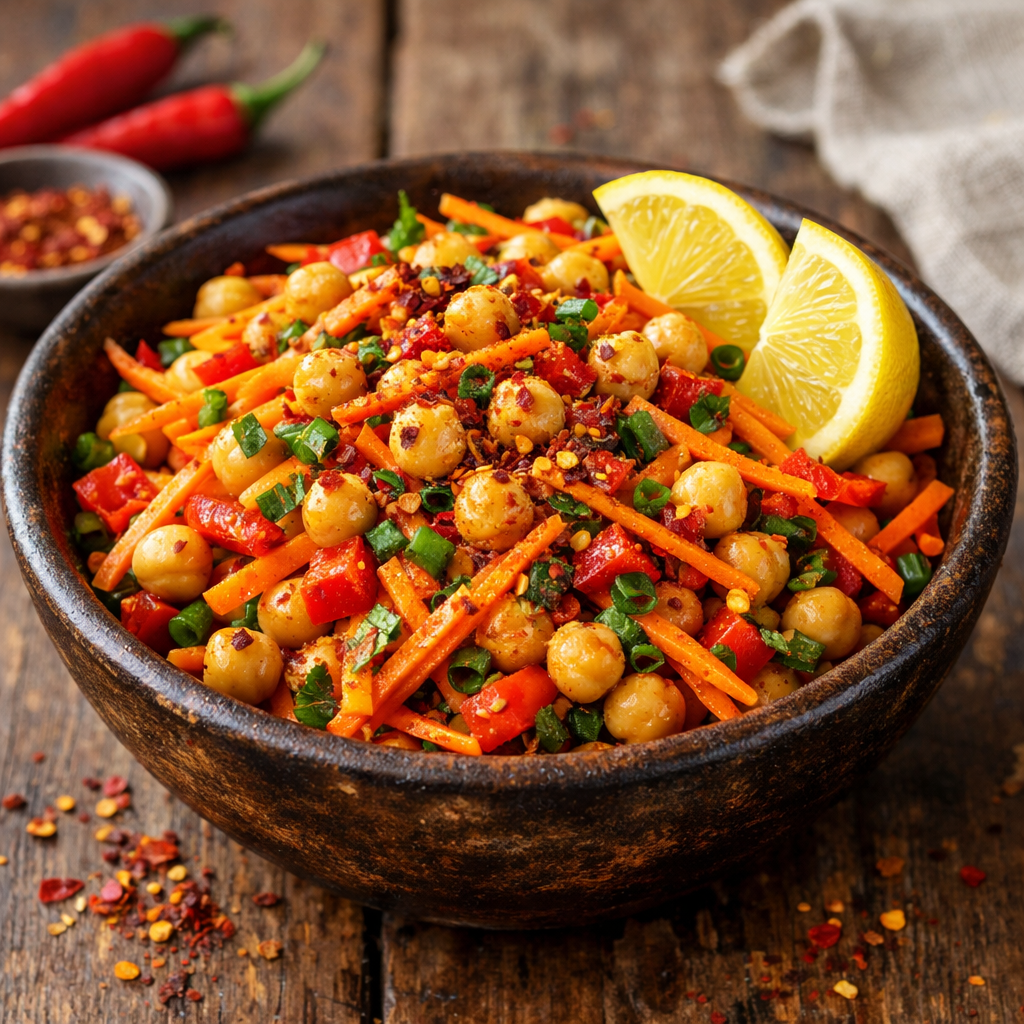 A vibrant bowl of spicy carrot and chickpea salad with fresh ingredients and lemon wedges.