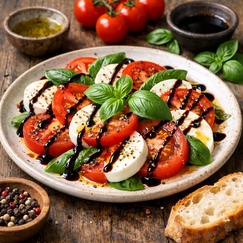 Caprese salad with tomatoes, mozzarella, and basil, drizzled with balsamic reduction.