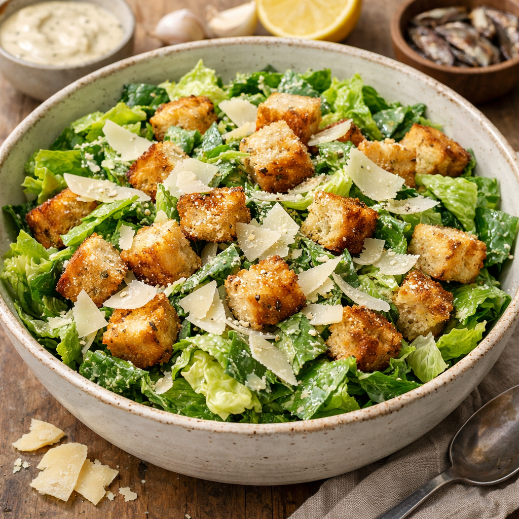 A bowl of Italian Caesar Salad topped with homemade croutons and parmesan cheese.