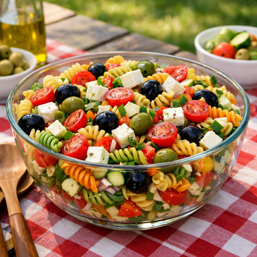 A colorful Italian pasta salad featuring rotini pasta, olives, feta cheese, and fresh vegetables in a large glass bowl.