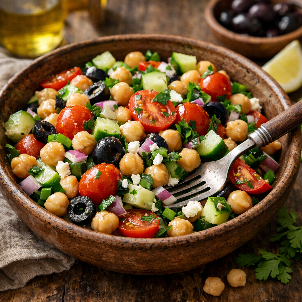 Mediterranean Chickpea Salad in a bowl with fresh ingredients.