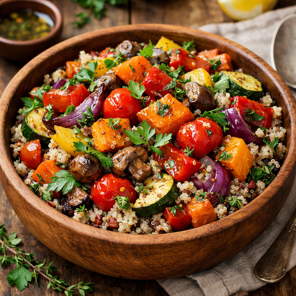 A colorful bowl of roasted vegetable and quinoa salad, featuring vibrant vegetables and quinoa.