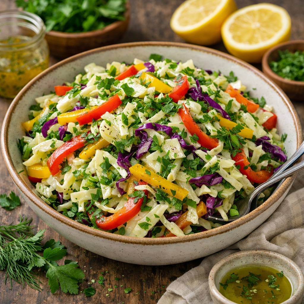A vibrant herbed cabbage salad with lemon dressing, featuring colorful bell peppers and fresh herbs.