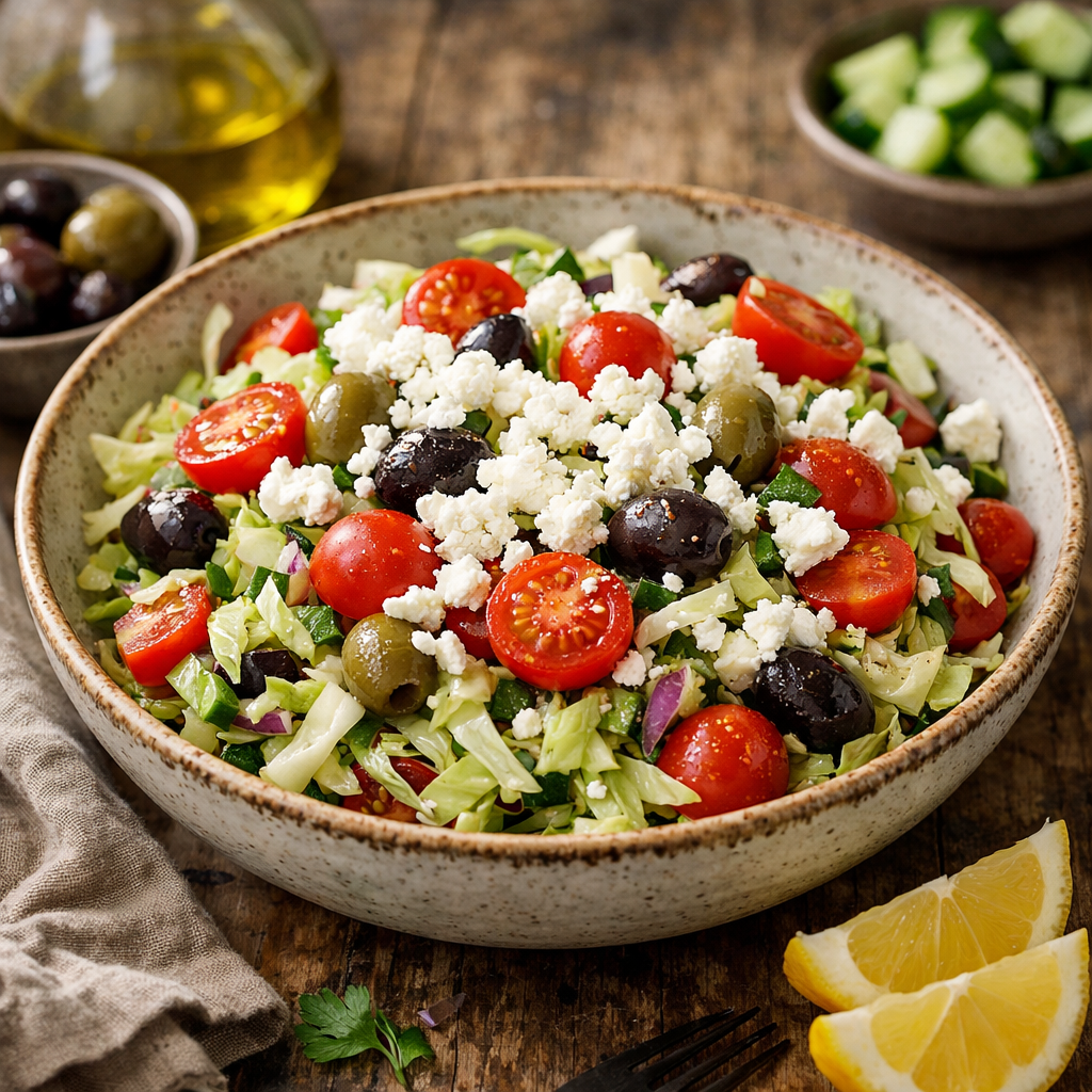A vibrant Mediterranean cabbage salad with feta, featuring cherry tomatoes, olives, and a sprinkle of feta on a wooden table.
