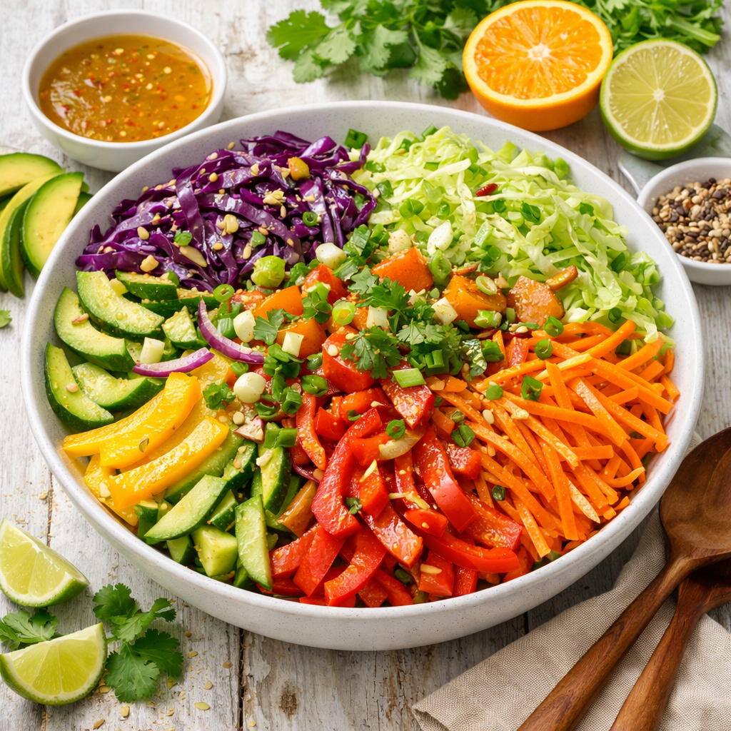 A colorful bowl of Rainbow Cabbage Salad with various chopped vegetables and a citrus dressing on the side