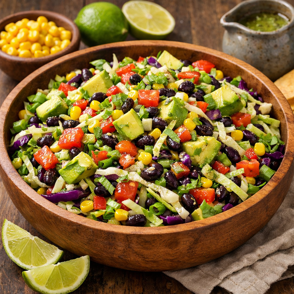 A colorful bowl of Southwestern Cabbage Salad with avocado, featuring black beans, corn, and vibrant vegetables, set on a rustic wooden table.