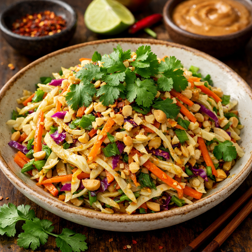 A vibrant spicy Thai cabbage salad with colorful ingredients topped with chopped peanuts and cilantro.