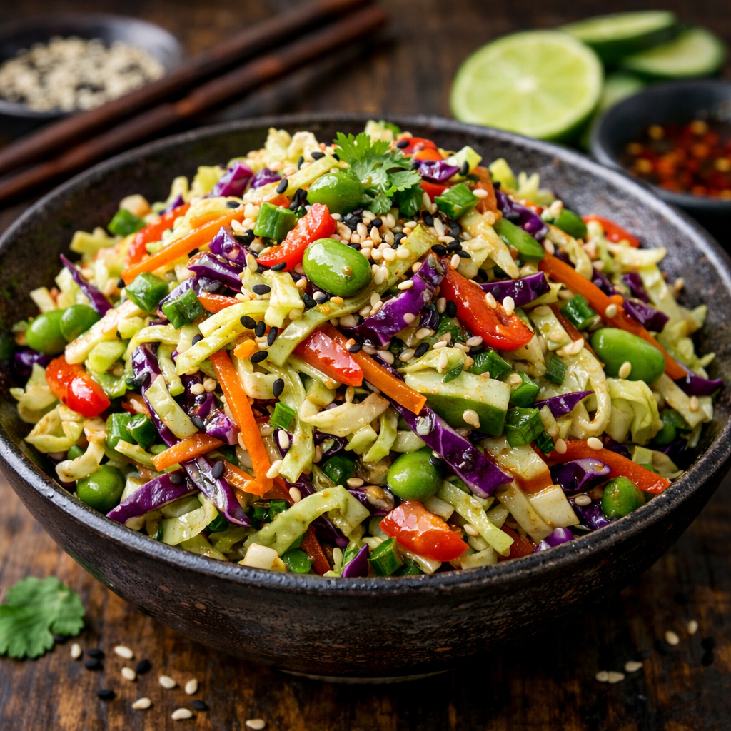 A vibrant Tangy Asian Cabbage Salad with green and purple cabbage, carrots, and sesame seeds in a dark bowl.