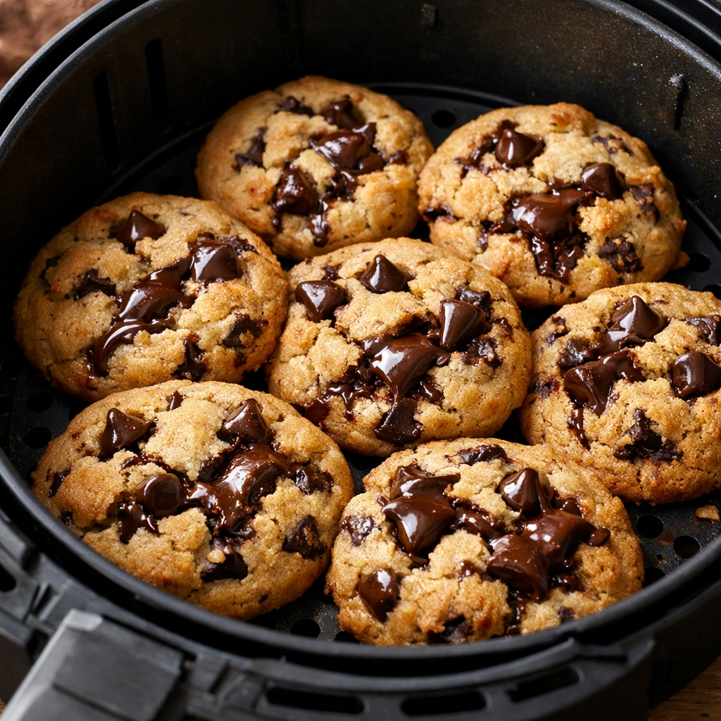 Air fryer chocolate chip cookies inside an air fryer basket.