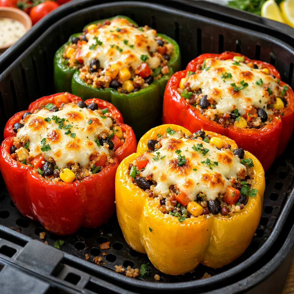Four colorful air fryer stuffed peppers filled with quinoa, black beans, corn, and topped with melted cheese.