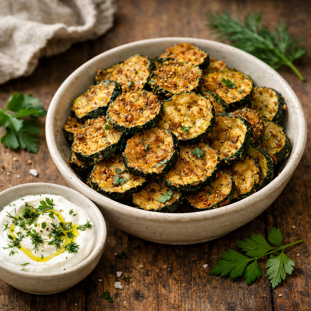 Bowl of crispy air fryer zucchini chips with a creamy dip on the side