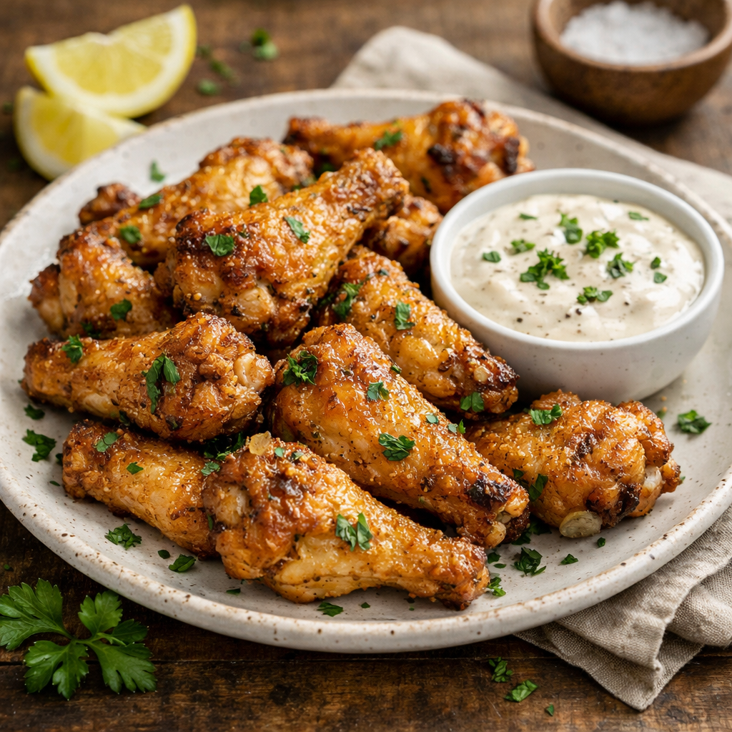 Plate of crispy air fryer chicken wings with dipping sauce and lemon slices