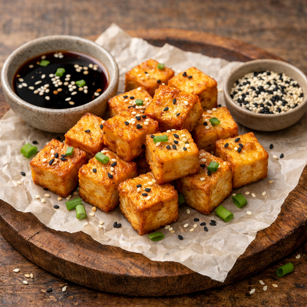 Crispy air fryer tofu bites served on a wooden platter with dipping sauce and sesame seeds.