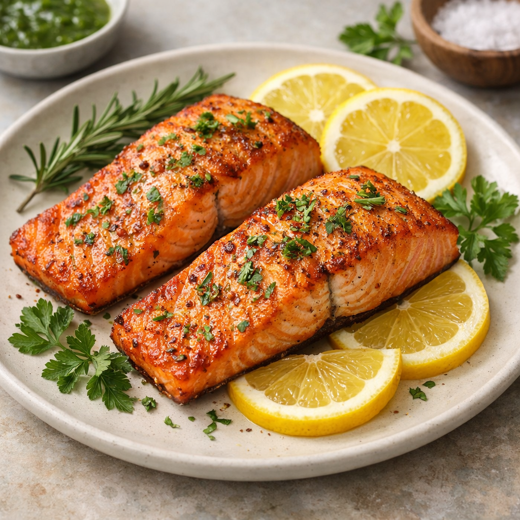 Savory air fryer salmon fillets on a plate with lemon slices and fresh herbs