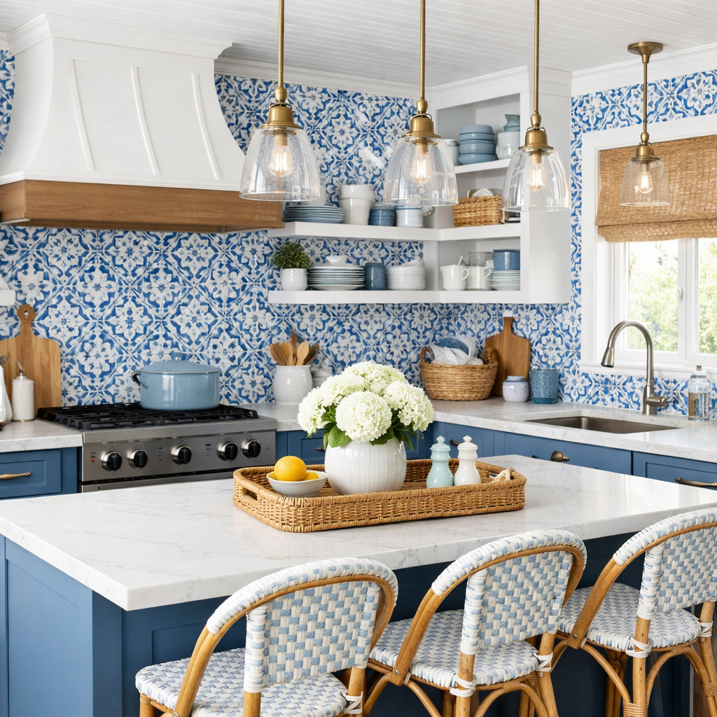 A cozy blue and white kitchen with elegant decor.