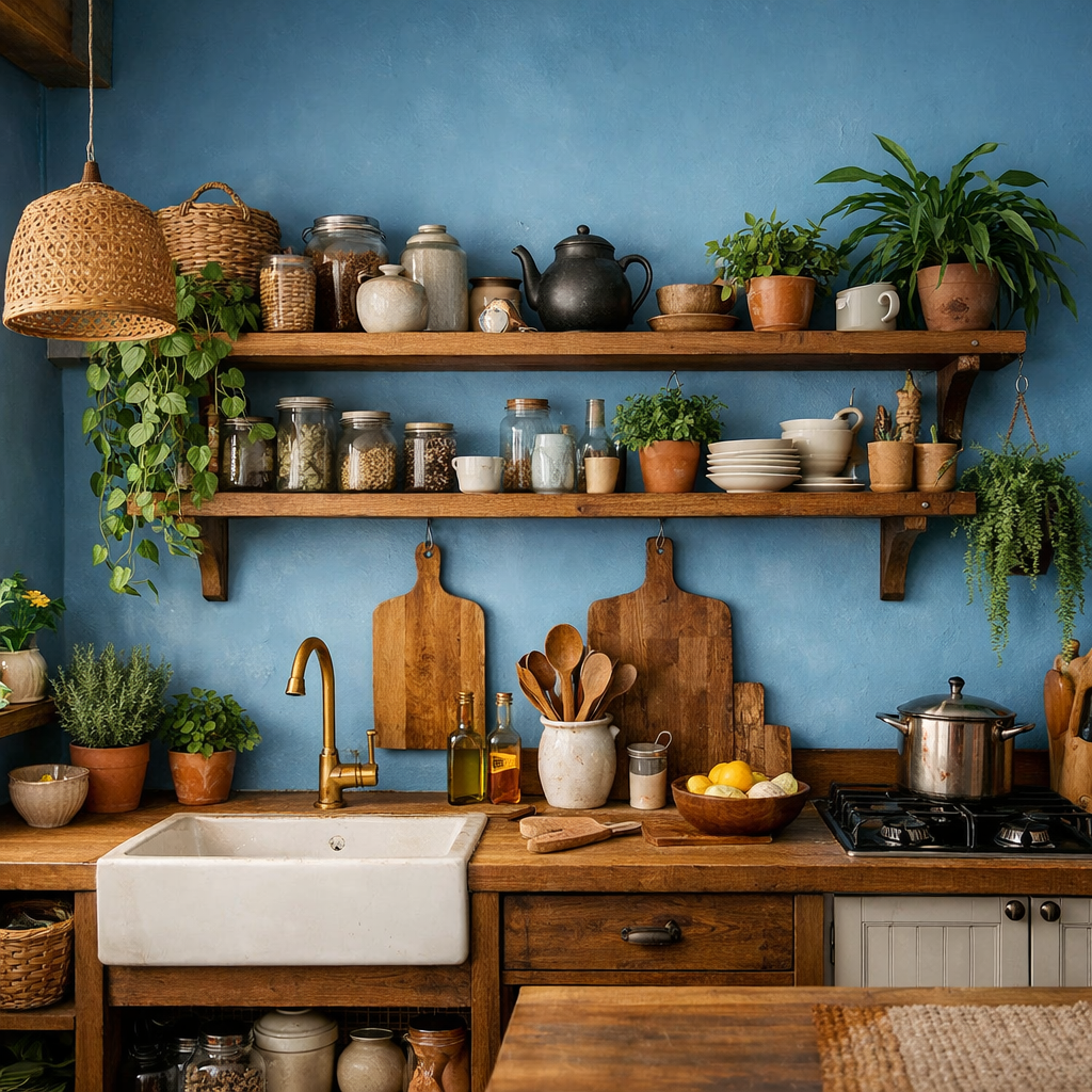 A bright kitchen with cerulean blue walls, wooden shelves filled with kitchen essentials, and lush plants.