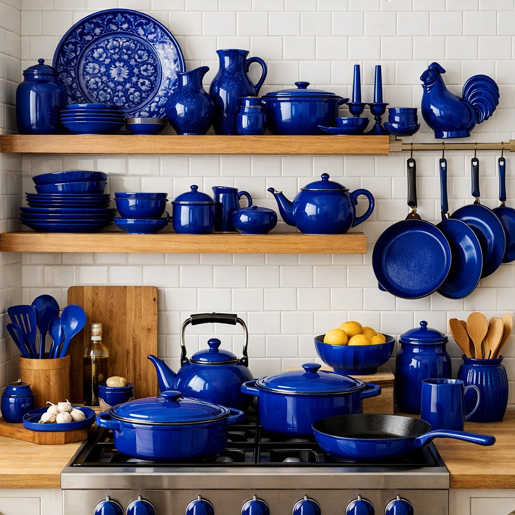 A vibrant kitchen display featuring cobalt blue cookware and accessories