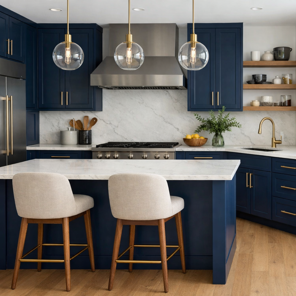 A kitchen featuring deep blue cabinetry, marble countertops, and gold hardware.