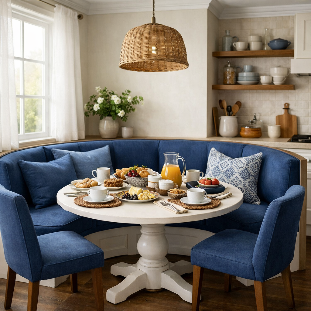 A cozy dining nook featuring a round table with a variety of breakfast foods and indigo seating.