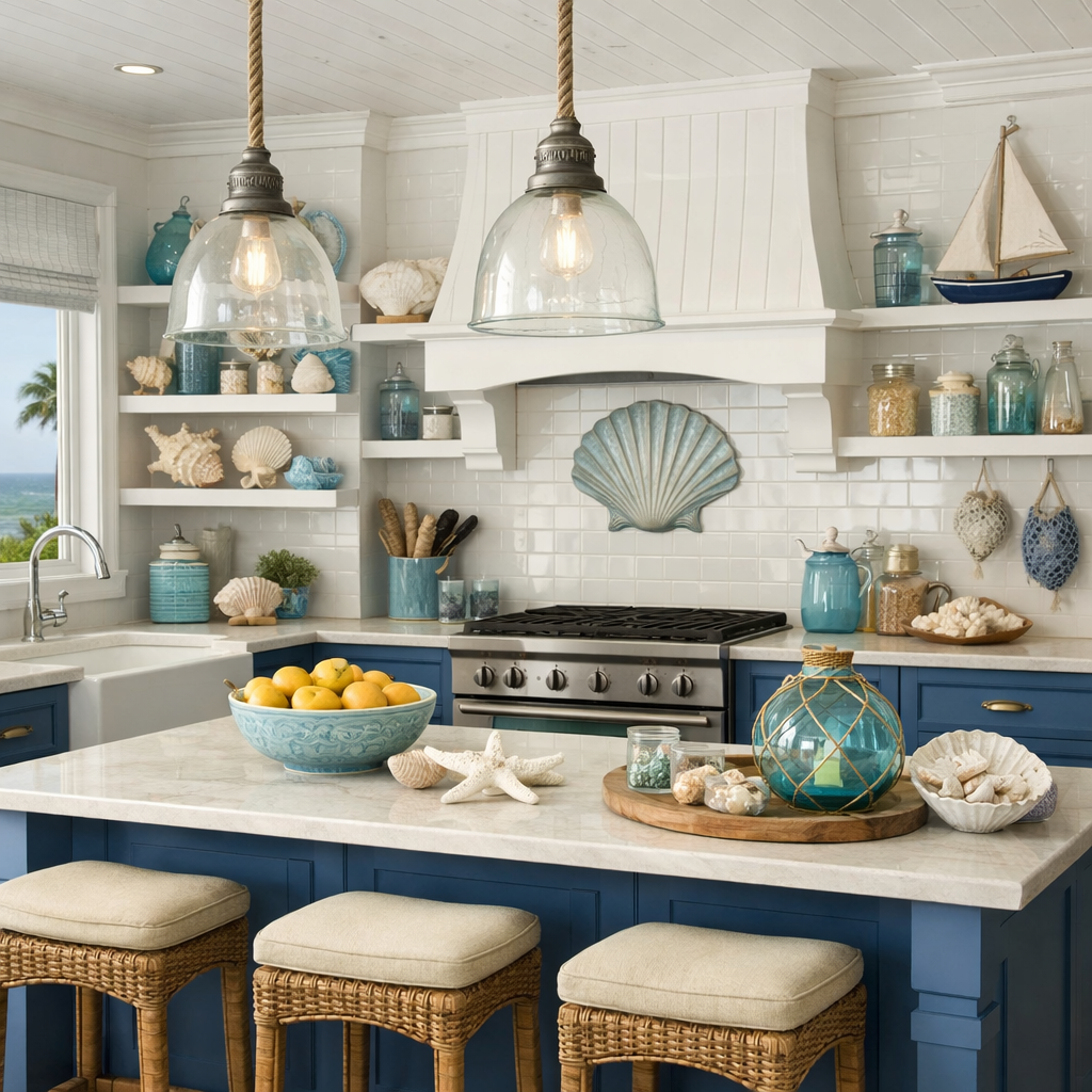 A beautifully designed kitchen featuring nautical blue accents, white cabinetry, and coastal decor.